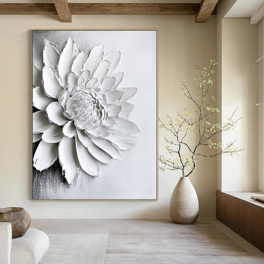 Contemporary abstract art featuring a textured white chrysanthemum painting on canvas, creating a striking monochrome aesthetic for modern interiors. DLZ0831