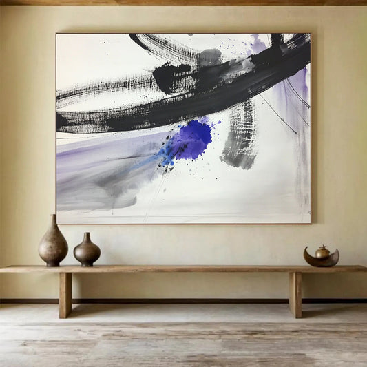 “Ink Splash with Purple - Blue Accents” - Black, Gray, Purple, Blue, Expressive Ink Splashes - Ink Painting HB1630