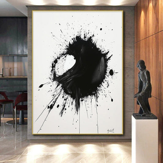 Black Asymmetric Splatter on White - “Unbalanced Ink Drama” Painting On Canvas HB219