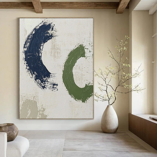 Contemporary abstract artwork featuring bold brush strokes in dark blue and green, creating minimalistic shapes on a white background. DLZ1625