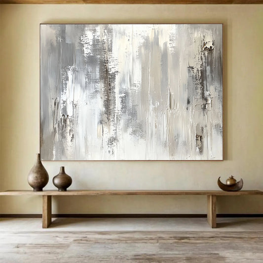 “Monochrome Textured Abstract” - Gray, White, Textured Brushstrokes Painting On Canvas HB0886