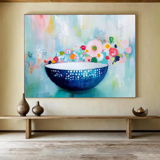 “Floral Bowl Still Life” - Blue, White, Colorful Flowers, Polka Dots, Pastel Background - Painting On Canvas HB1443
