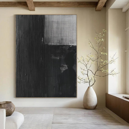 Contemporary abstract painting featuring a black and white oil depiction of an old film negative with a grainy eerie texture. DLZ1142