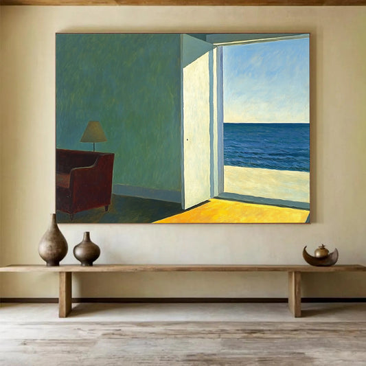 “Room with a View of the Sea” - Green, Blue, Yellow, Interior with Sea View - Realist Oil Painting HB1644