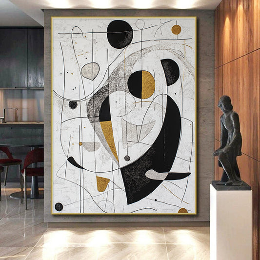 White, Black, Gold, Silver, Geometric Swirls "Gilded Geometry" Abstract Modernist Painting On Canvas HB089