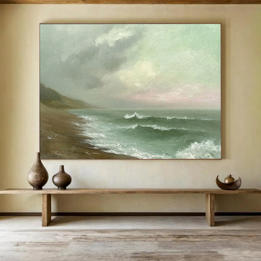 Green, Gray, Brown and White Misty Seaside "Moody Shore" Painting On Canvas HB0668