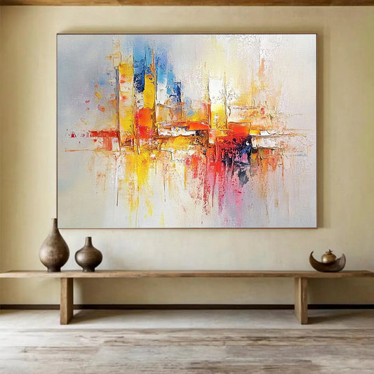 “Colorful City Reflections” - Blue, Yellow, Red, Pink, Abstract Cityscape with Reflections Painting On Canvas HB1080