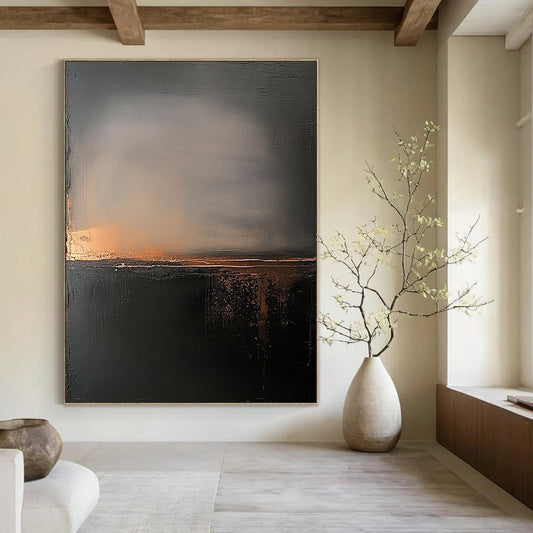 Contemporary abstract painting featuring atmospheric clouds and a foggy landscape in muted gray and black tones with hints of gold enhancing serenity and introspection. DLZ0692