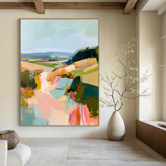 Contemporary abstract oil painting showcasing an Irish landscape with thick brush strokes in muted pastels of teal pink and yellow. DLZ0462