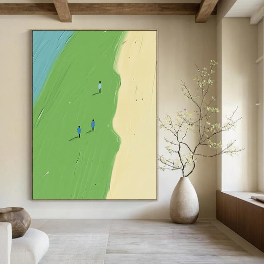 Contemporary abstract artwork featuring a bird's-eye view of soft pastel figures on a flat green field with minimalist shapes and gentle brush strokes. DLZ1687