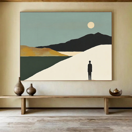 “Figure in Moonlit Landscape” - Teal sky, black mountains, white dune, Modern Landscape Painting On Canvas HB0607