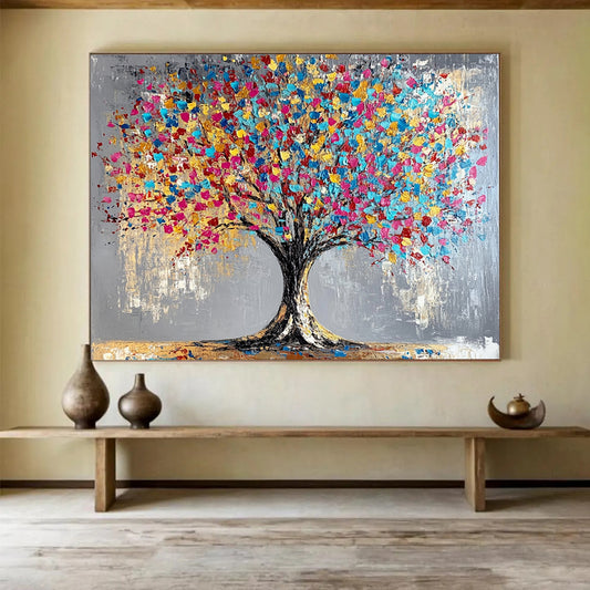 “Rainbow Leaf Tree” - Gray background, vibrant leaves, textured trunk, Abstract Tree Painting On Canvas HB0591