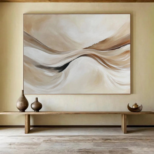 “Beige Flowing Waves” - Beige, White, Abstract Curves - Minimalist Acrylic Painting HB1489