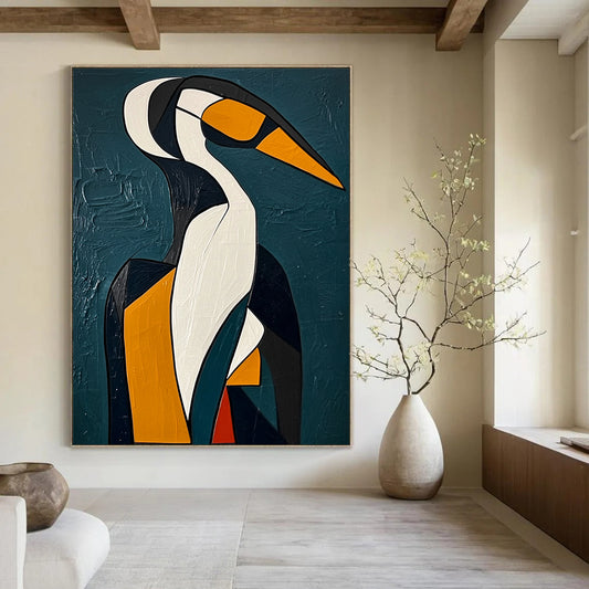 Contemporary abstract painting featuring a Cubist-inspired penguin with geometric woman amidst dark blue-green background and thick brushstrokes. DLZ1433