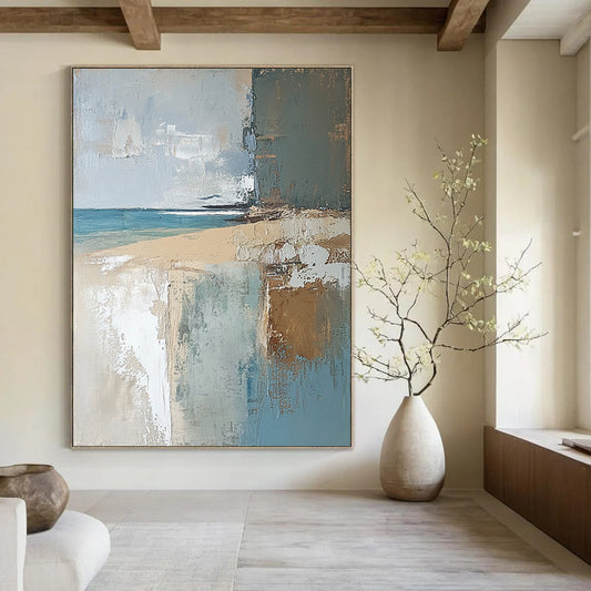 Contemporary abstract painting featuring a textured English beach scene in muted earthy tones, showcasing light blue, brown, neutral green, and grey. DLZ0454