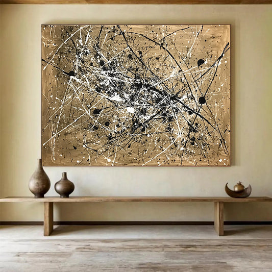 “Splattered Black and White on Gold” - Gold, Black, White, Abstract Splatter Art - Acrylic Painting HB1655