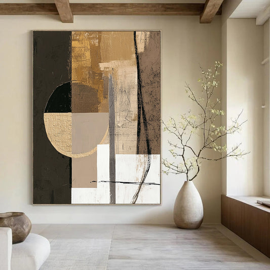 Contemporary hand-painted abstract artwork featuring earthy tones with textures, large circle, and small white square for tranquil harmony. DLZ0853