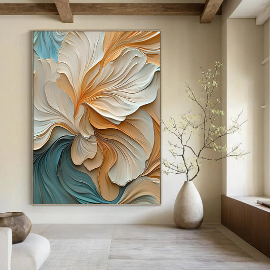 Contemporary abstract artwork featuring elegant warm colors with detailed leaves soft edges and flowing lines in ultra-high definition. DLZ0385