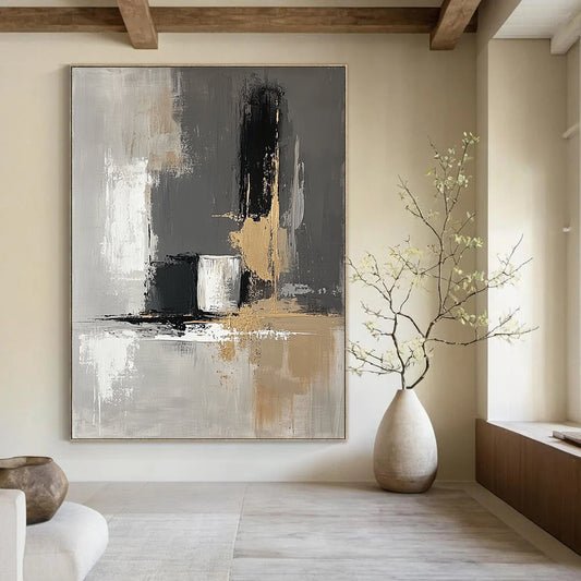 Contemporary hand-painted abstract art featuring neutral tones and gold accents with thick brush strokes and a soft atmospheric quality. DLZ0563