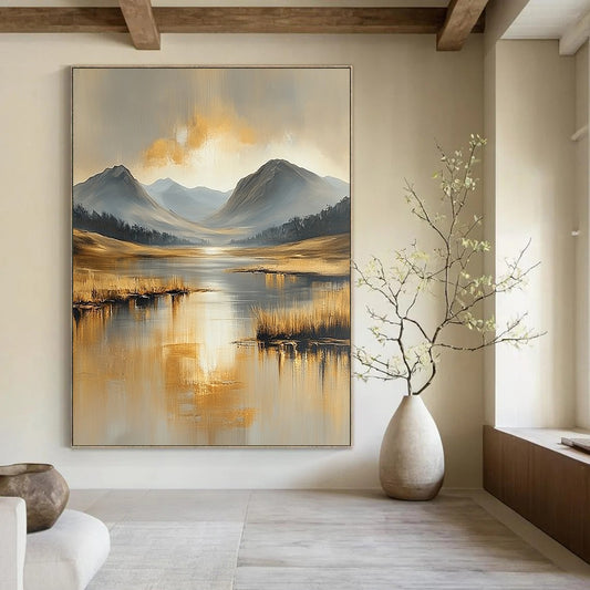 Contemporary abstract landscape painting featuring serene beige and gold tones, water reflections, distant mountains, and tranquil skies in heavy oil brush strokes. DLZ0410