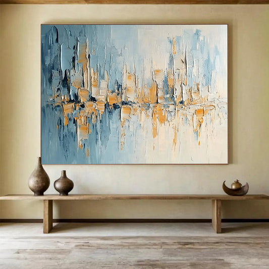 “Textured City Skyline” - Blue, Beige, White, Textured City Skyline Painting On Canvas HB0988
