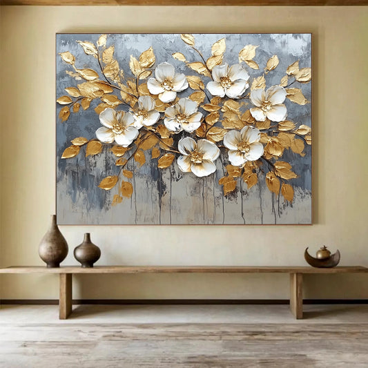 “Golden - Leafed White Flowers” - Gray background, gold leaves, white flowers, Textured Floral Painting On Canvas HB0586