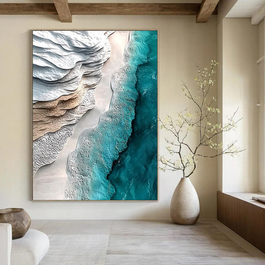 Contemporary hand-painted abstract art capturing serene white sand and turquoise water in a hyper-realistic aerial view. Ideal for modern decor. DLZ0280
