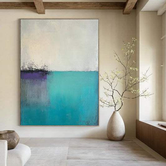 Contemporary abstract artwork features large brush strokes and palette knife textures in light teal gray and greenish-blue with a foggy minimalist landscape and pale purple sky. DLZ0627