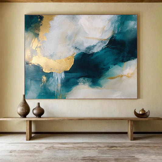 Teal, Gold, and White Fluid Dreams – Abstract Acrylic Flow Painting HB1467