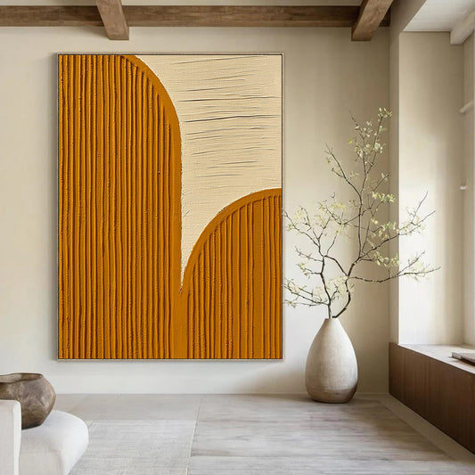 Contemporary abstract artwork featuring textured wood grain patterns in yellow and gold against a white backdrop embodying tranquility and harmony. DLZ1345