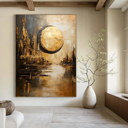 Contemporary abstract artwork features a dystopian cityscape with a sun and moon in gold and gray hues reflecting on water in a dreamy atmosphere. DLZ1094