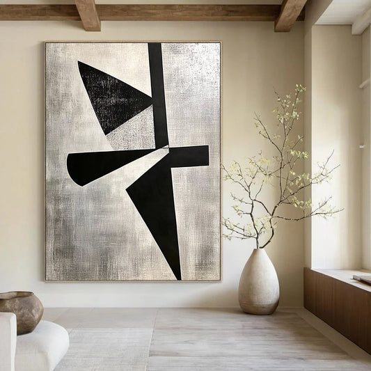 Contemporary hand-painted abstract art featuring high contrast shapes, cut paper collage, and negative space on a gray background in El Lissitzky style. DLZ1143