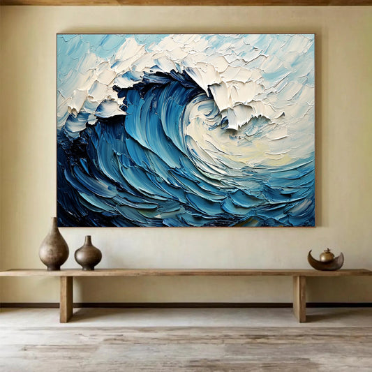 “Thick - Textured Blue Wave” - Blue, White, Swirling Wave, Ocean - Impasto Oil Painting HB1679