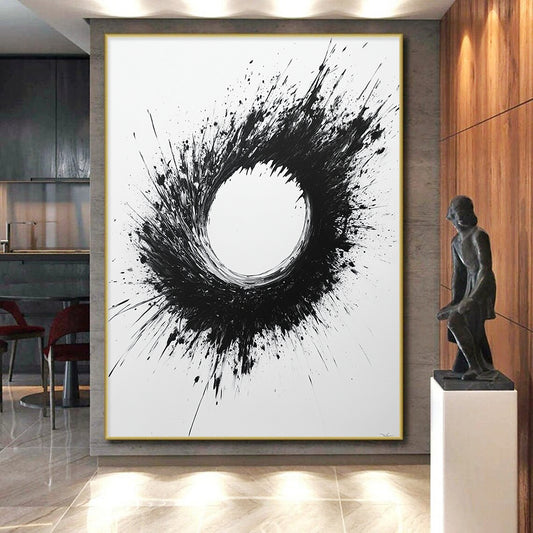 Black and White Splattered Circle "Chaotic Zen" Painting On Canvas HB287