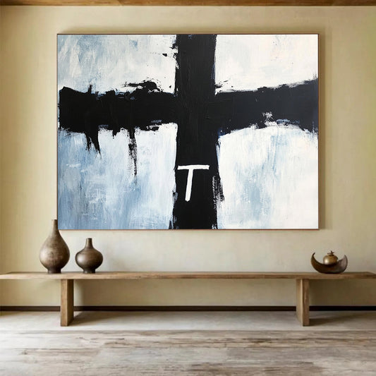 Black Cross with White 'T' on Blue - Symbolic Abstract Painting On Canvas HB0469