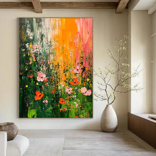 Contemporary hand-painted abstract artwork featuring an overgrown garden with vibrant green pink and orange flowers using thick brush strokes and rich texture on canvas. DLZ0966