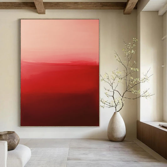Contemporary hand-painted abstract artwork featuring vibrant red and pink gradients with evocative brushstrokes and minimalist design in negative space. DLZ1388