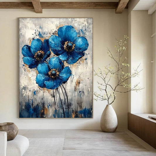 Contemporary large hand-painted abstract artwork featuring vintage flowers on a gray background perfect for enhancing any wall space. DLZ0362