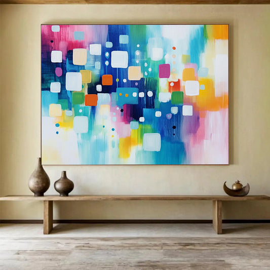 “Cheerful Colorful Geometric Squares and Circles” - Pink, blue, green, yellow, white; Abstract geometric squares and circles; Acrylic Painting On Canvas HB1235