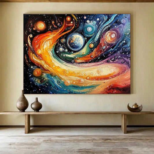 “Cosmic Color Swirl” - Multicolor, Planets, Cosmic Swirl Painting On Canvas HB0740