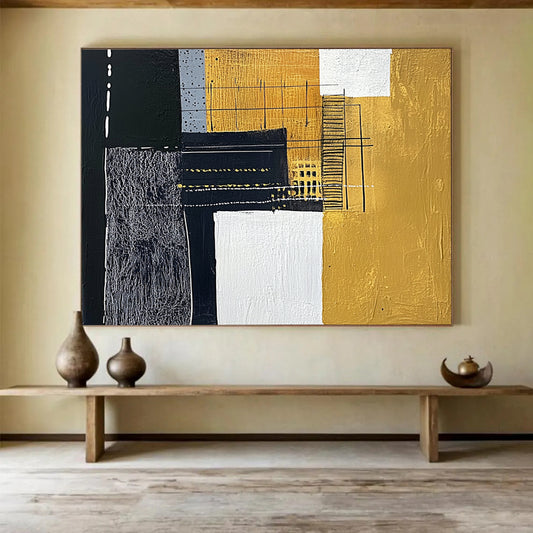 “Black Gold White Geometric Mix” - Black, gold, white, gray; Geometric abstract with mixed textures HB1292