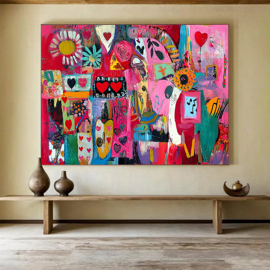 “Pink Collage Abstract” - Pink, Red, Colorful Shapes, Hearts, Flowers, Mixed Patterns - Painting On Canvas HB1444