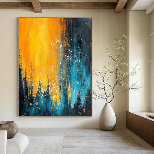 Contemporary abstract painting featuring blue and yellow hues with organic white splashes evokes nature's essence through fluid movement and depth. DLZ0353