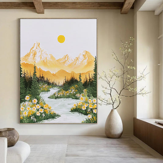 Contemporary abstract art features vibrant yellow and green Alps mountains, flowing river, radiant sun, and delicate flowers, evoking tranquility and beauty. DLZ1418