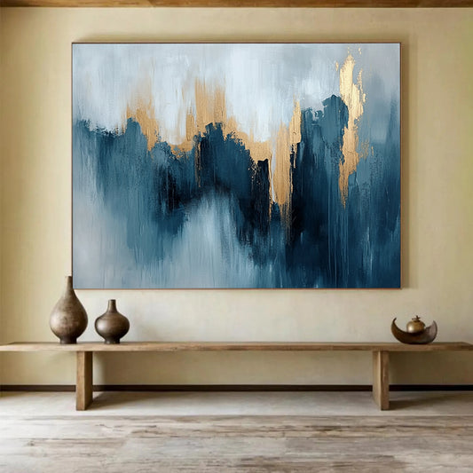 “Teal - Gray Abstract with Gold Peaks” - Teal, Gray, Gold, Mountain - Like Shapes Painting On Canvas HB0827