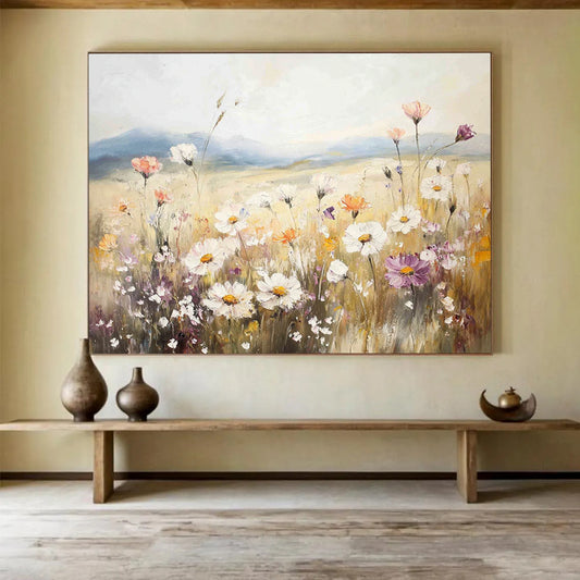 “Pastel Wildflower Field” - Soft - hued wildflowers in a meadow, Impressionist Landscape Painting On Canvas HB0546