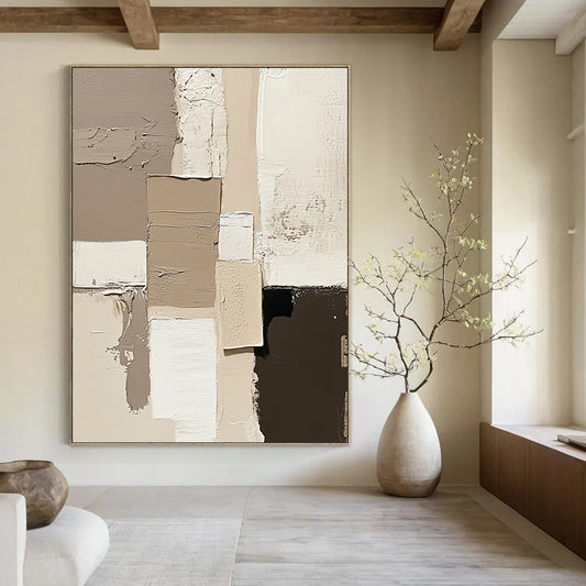 Large contemporary hand-painted abstract artwork featuring beige and neutral tones with expressive brush strokes on a minimalist canvas. DLZ0293