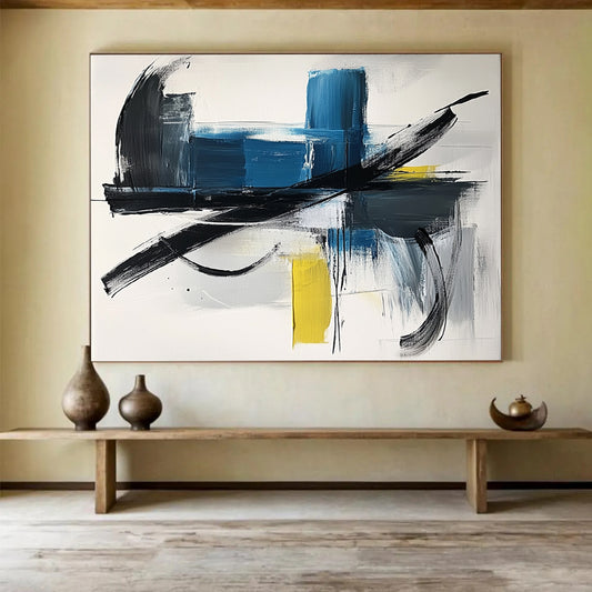 “Blue and Black Dynamism” - Blue, Black, Yellow, Gray, Bold Strokes - Abstract Expressionist Acrylic Painting HB1549