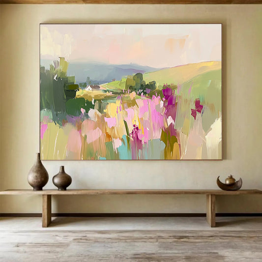 “Pastel Landscape with Flowers” - Pastel Palette, Floral Countryside Painting On Canvas HB0892
