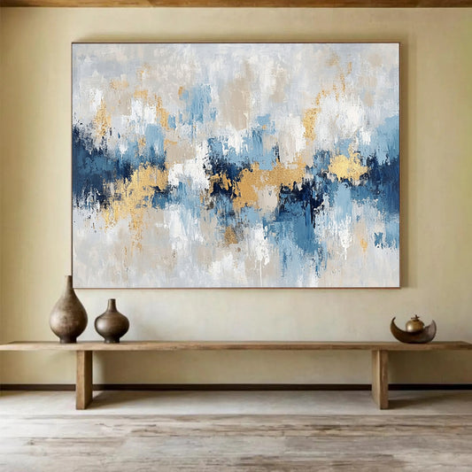 “Soft Gold - Blue - Gray Abstract Landscape” - Gold, Blue, Gray, White, Beige, Gentle Shapes Painting On Canvas HB0822